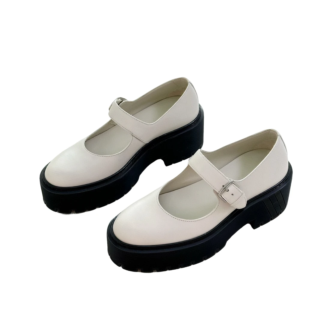 全新未使用 Hermes/爱马仕 爱马仕 女士米白色厚底玛丽珍鞋皮鞋