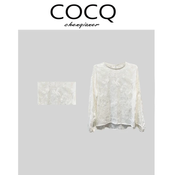 【COCQ】桑蚕丝重工提花刺绣钉珠领上衣