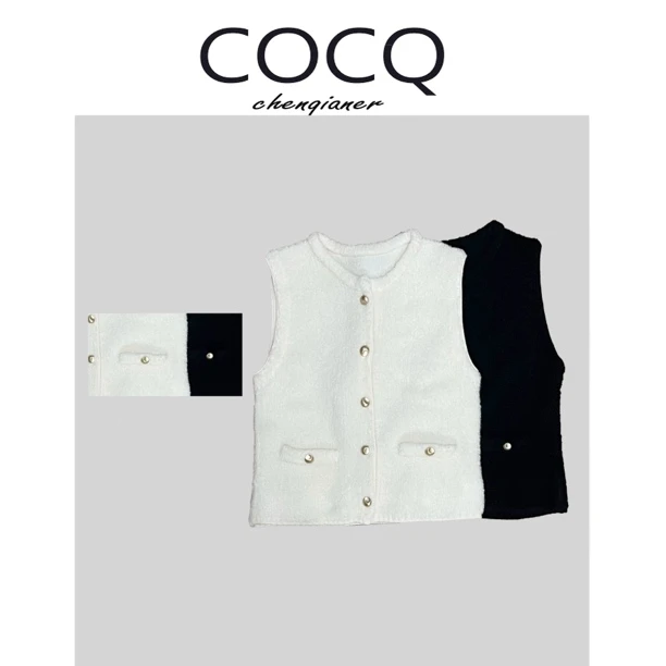 【COCQ】秋冬新款100羊卷毛圆领马甲简约时尚百搭通勤