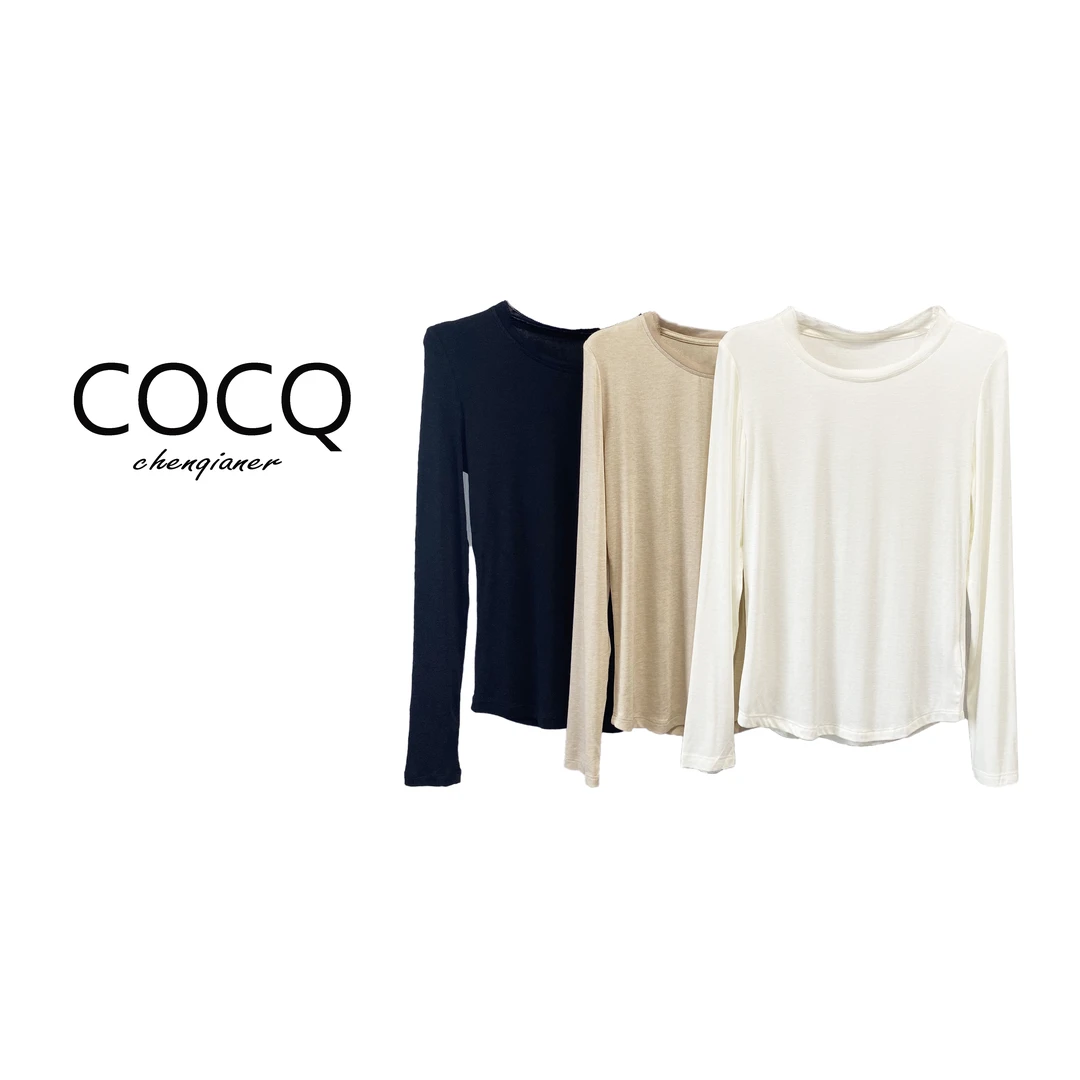 【COCQ】桑蚕丝拼接领醋酸长袖打底上衣百搭简约