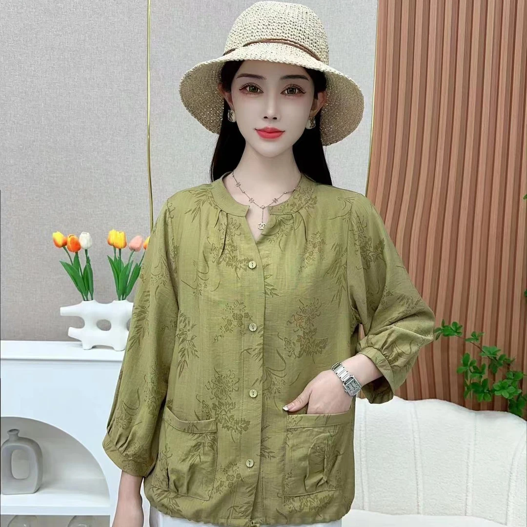 高档衬衣衬衫女v领提花上衣遮肉显瘦大码国潮遮阳防晒小开衫