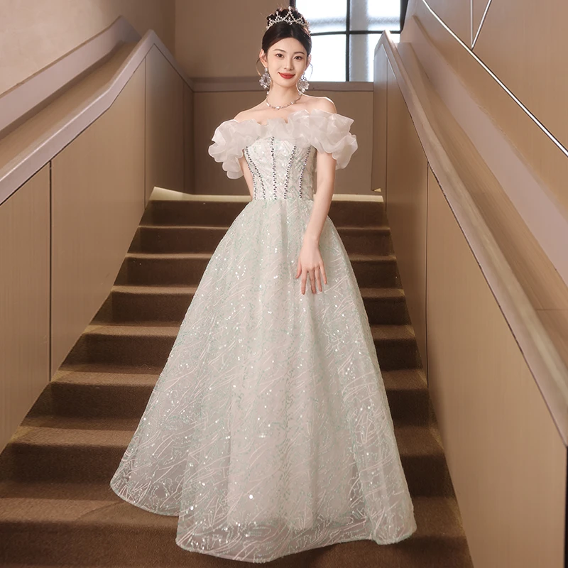 一字肩高端晚礼服法式轻奢小众订婚敬酒服生日主持人订婚礼服女