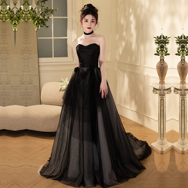 黑色抹胸晚礼服女轻奢小众高端学生日成人礼主持人高级在逃公主裙