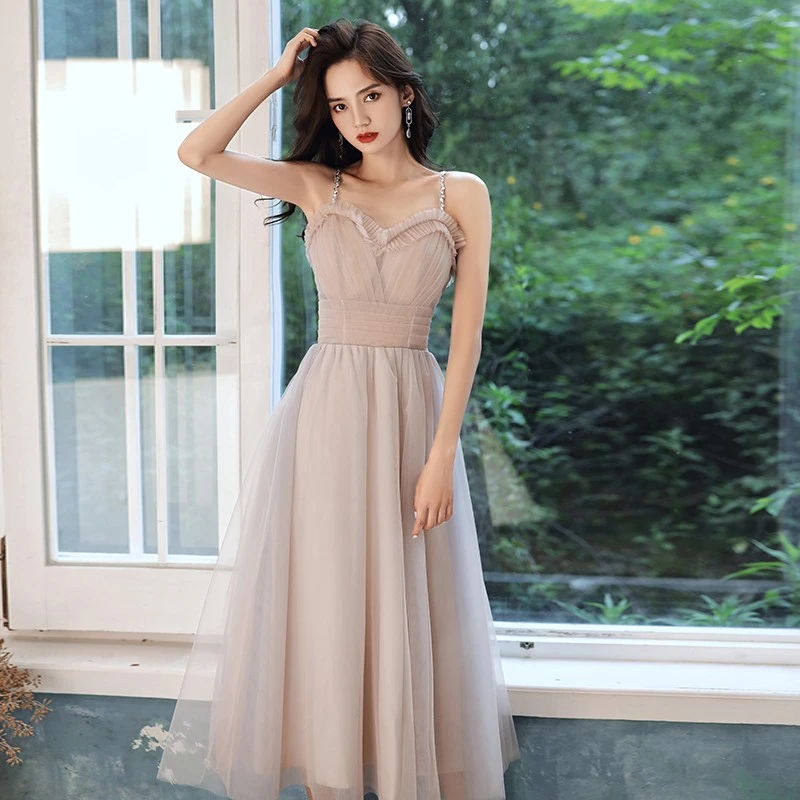 宴会晚礼服裙高端轻奢平时可穿粉色伴娘服吊带生日礼服订婚连衣裙