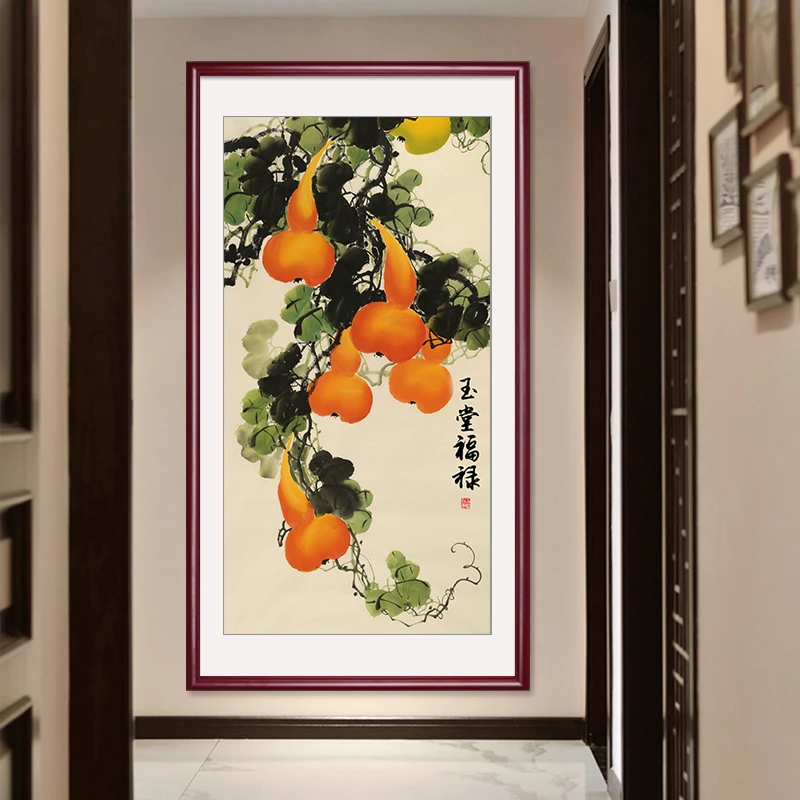 入户玄关装饰画中式客厅走廊过道竖版壁画九鱼图风水招财葫芦挂画