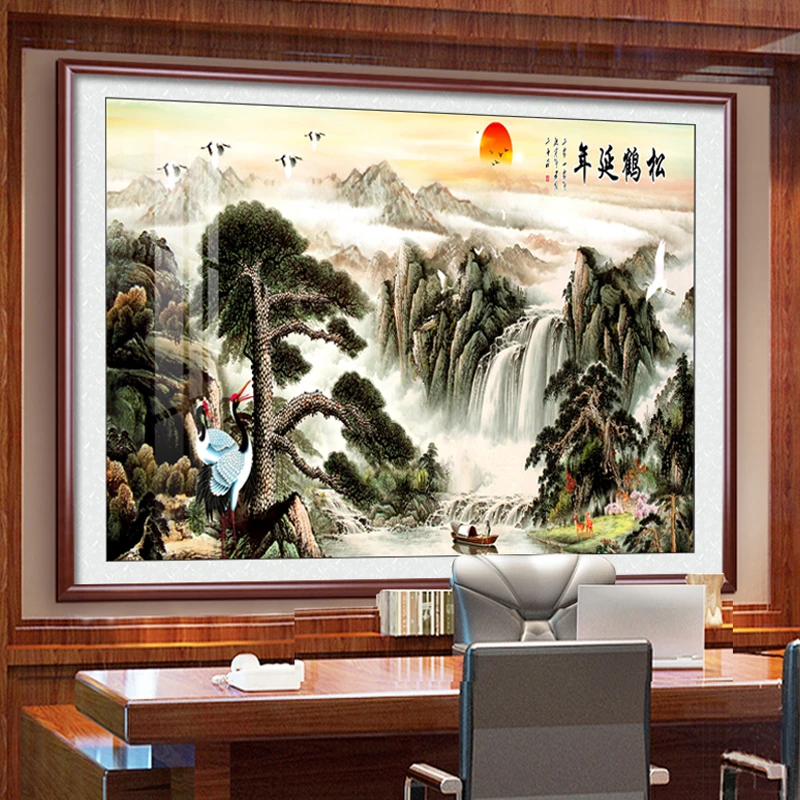 黄山迎客松国画办公室山水画挂画客厅装饰画茶室背景墙堂屋中堂画