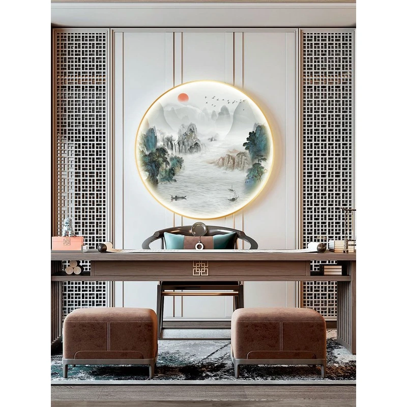 新中式山水挂画装饰画玄关茶室背景墙禅意字画壁画书房圆形带灯画
