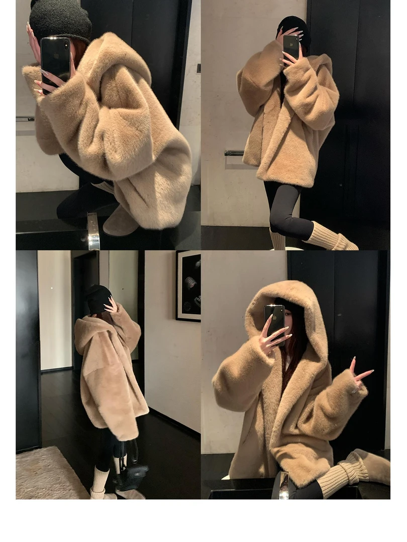 人造皮草 毛绒仿水貂慵懒风中长款上衣加厚仿皮草ins连帽外套女