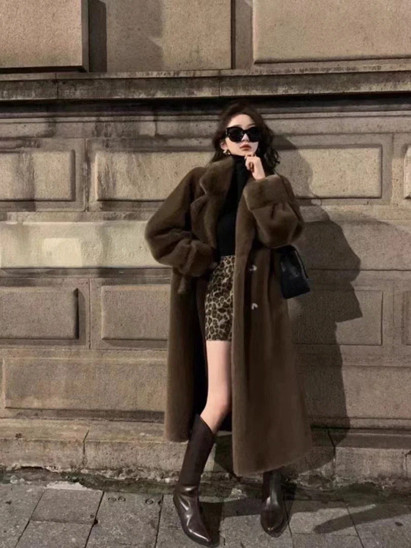 新款秋冬加厚保暖抗风环保大衣长款仿水貂毛外套女毛绒绒外套大衣