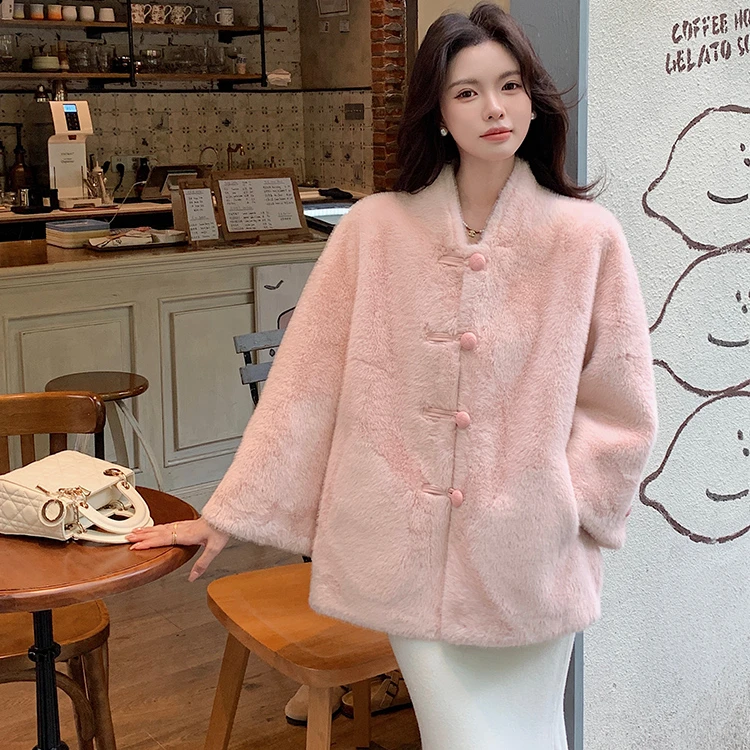 人造皮草 冬季新中式国风仿皮草外套女保暖加厚高级仿水貂毛大衣