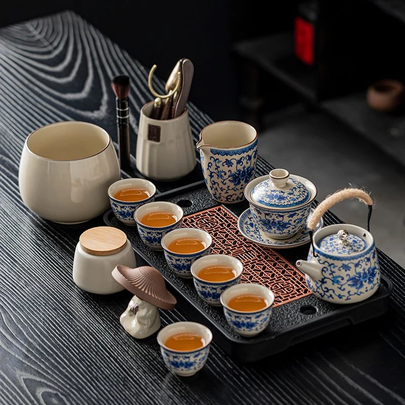 茶具汝窑套装家用中式中国风新款整套青花高档功夫茶壶陶瓷茶杯