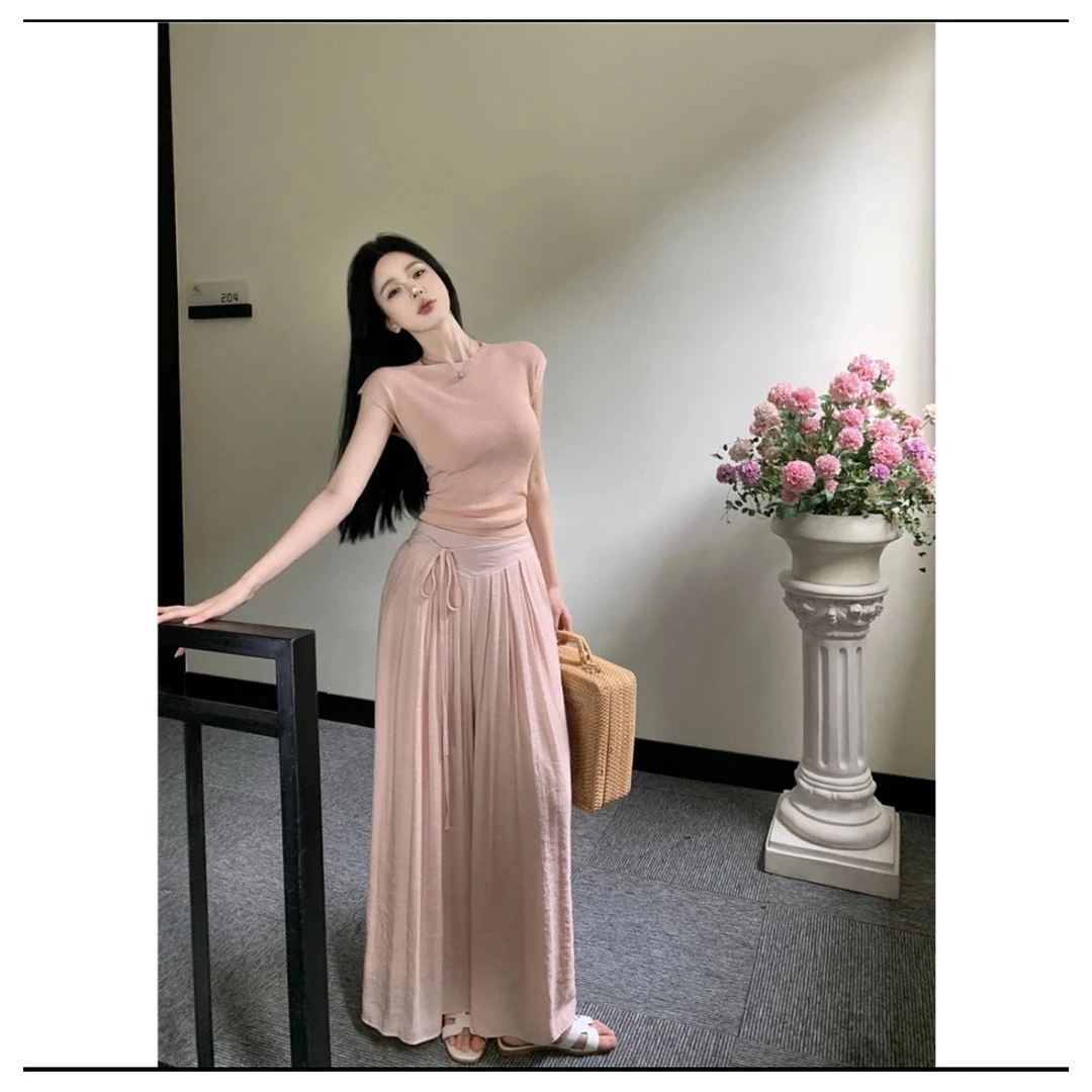 夏季小众小个子显瘦时尚气质温柔垂感短袖上衣阔腿裤6878#0.1 hg