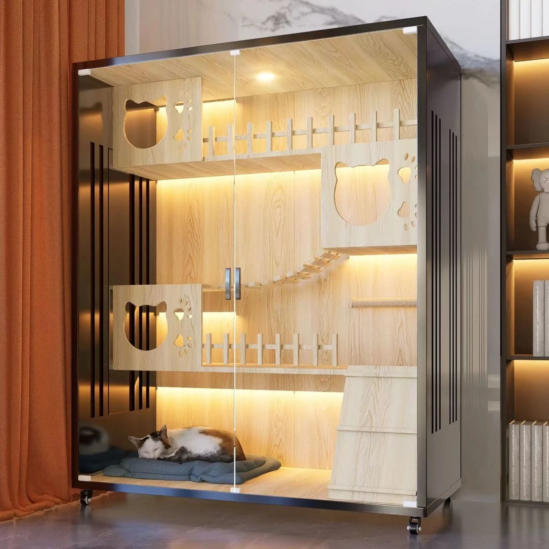 新疆包邮猫别墅家用实木大空间防水超大号豪华猫笼猫舍室内猫窝全