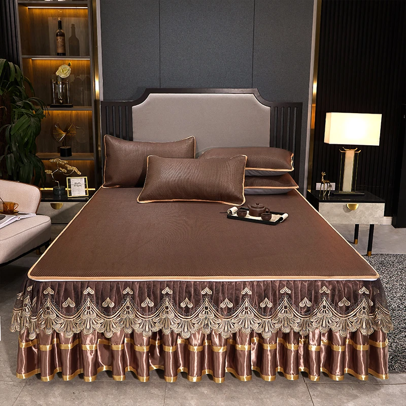 高档透气冰藤蕾丝可拆卸裙席三件套两用防尘舒适凉感冰丝凉席床品