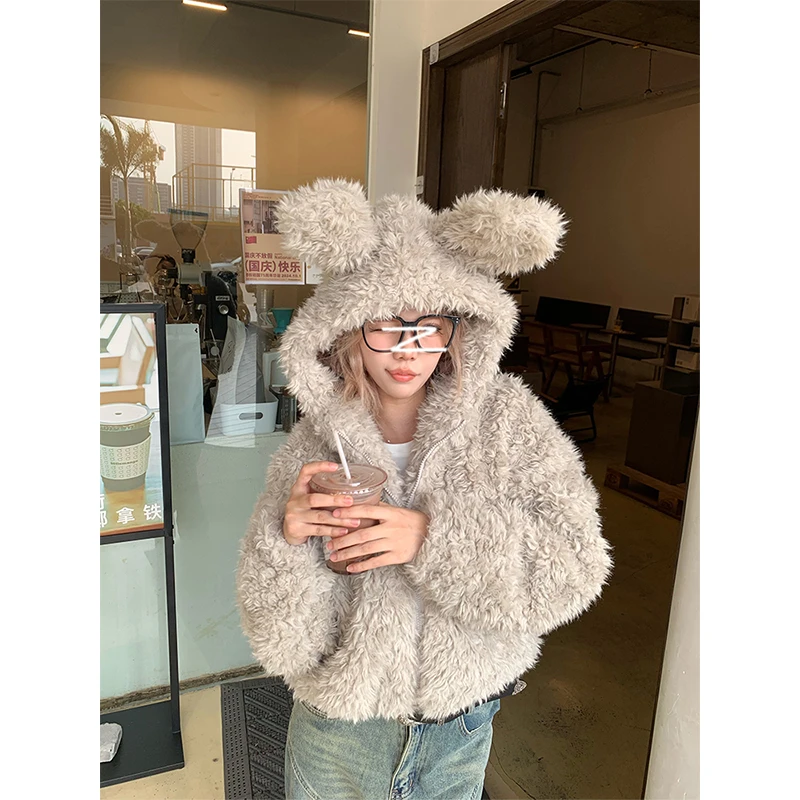 Moses Queen/魔西女王可爱兔耳朵短款连帽毛绒外套宽松加厚慵懒风