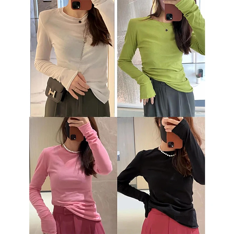 纸片人防晒薄款长袖T恤上衣女多色百搭显瘦微透圆领打底衫内搭ins