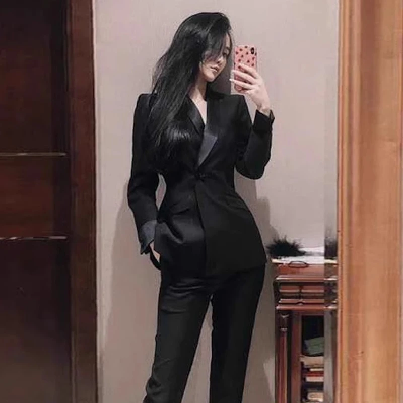 干练气质高级感黑色西装套装女修身显瘦小个子西服职业装两件套