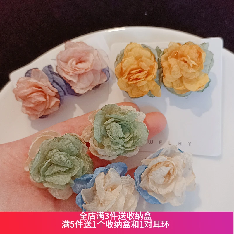 非金属布艺耳饰 显瘦布艺撞色花朵耳环大款夸张耳钉甜美耳坠38号