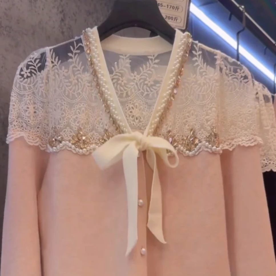 【Jason colors】Z秋冬上新温柔气质重工蕾丝显瘦蝴蝶结开衫上衣女