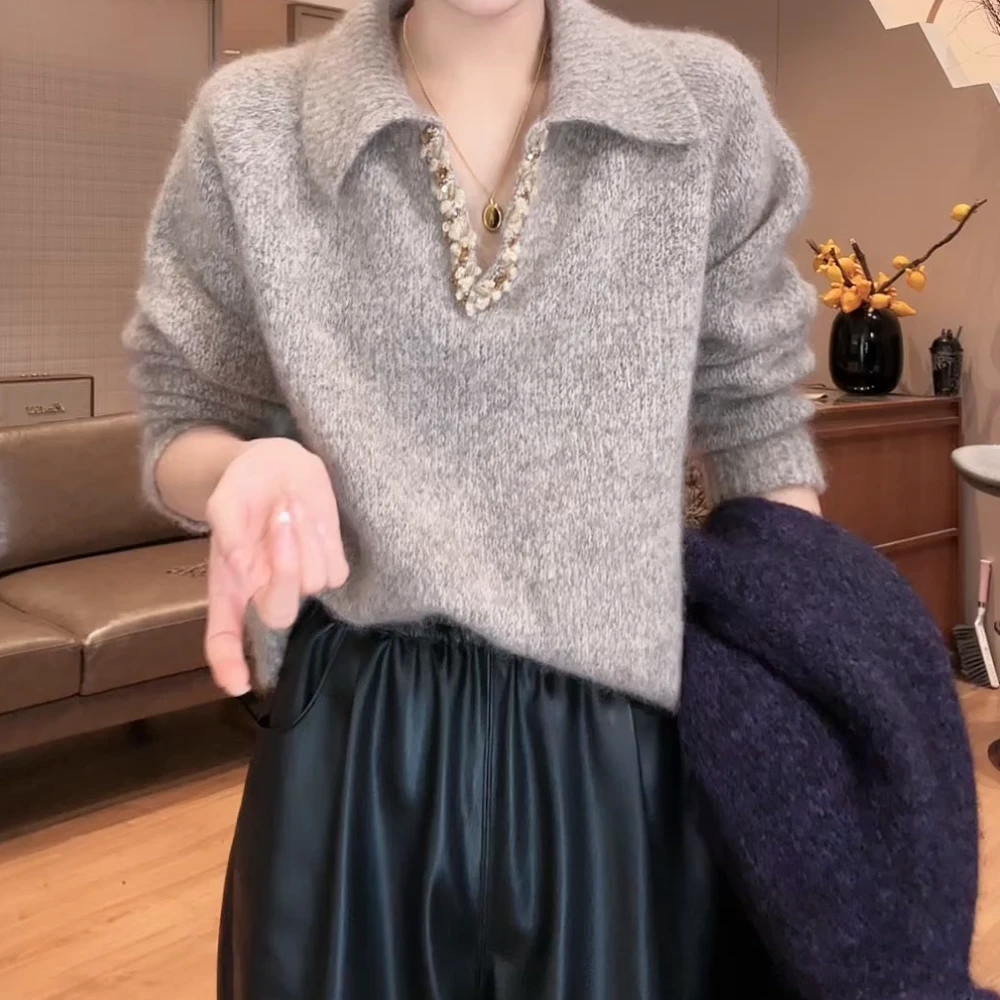 【Jason colors】轻奢镶钻秋冬季高级感V领设计师针织毛衣上衣气质