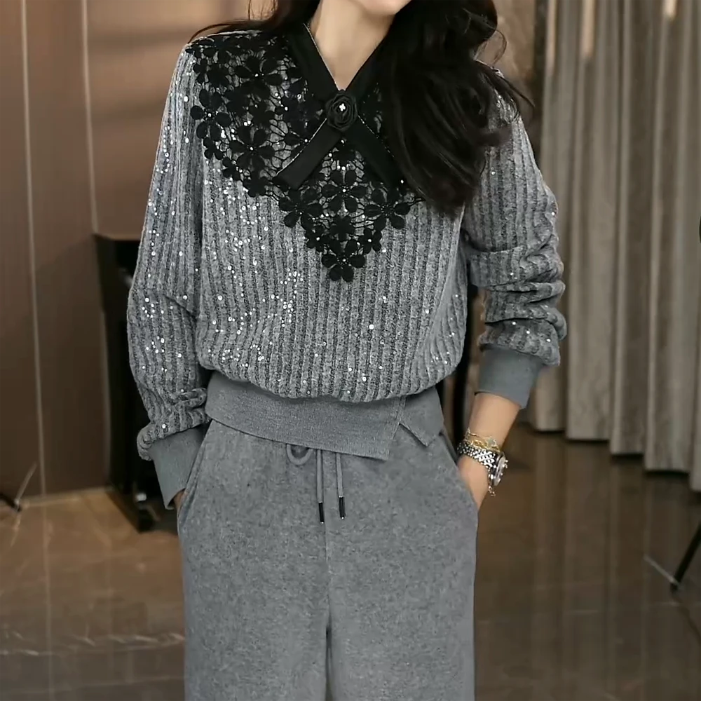 【Jason colors】Z灰色格调百搭气质时尚上衣卫裤套装女秋冬两件套