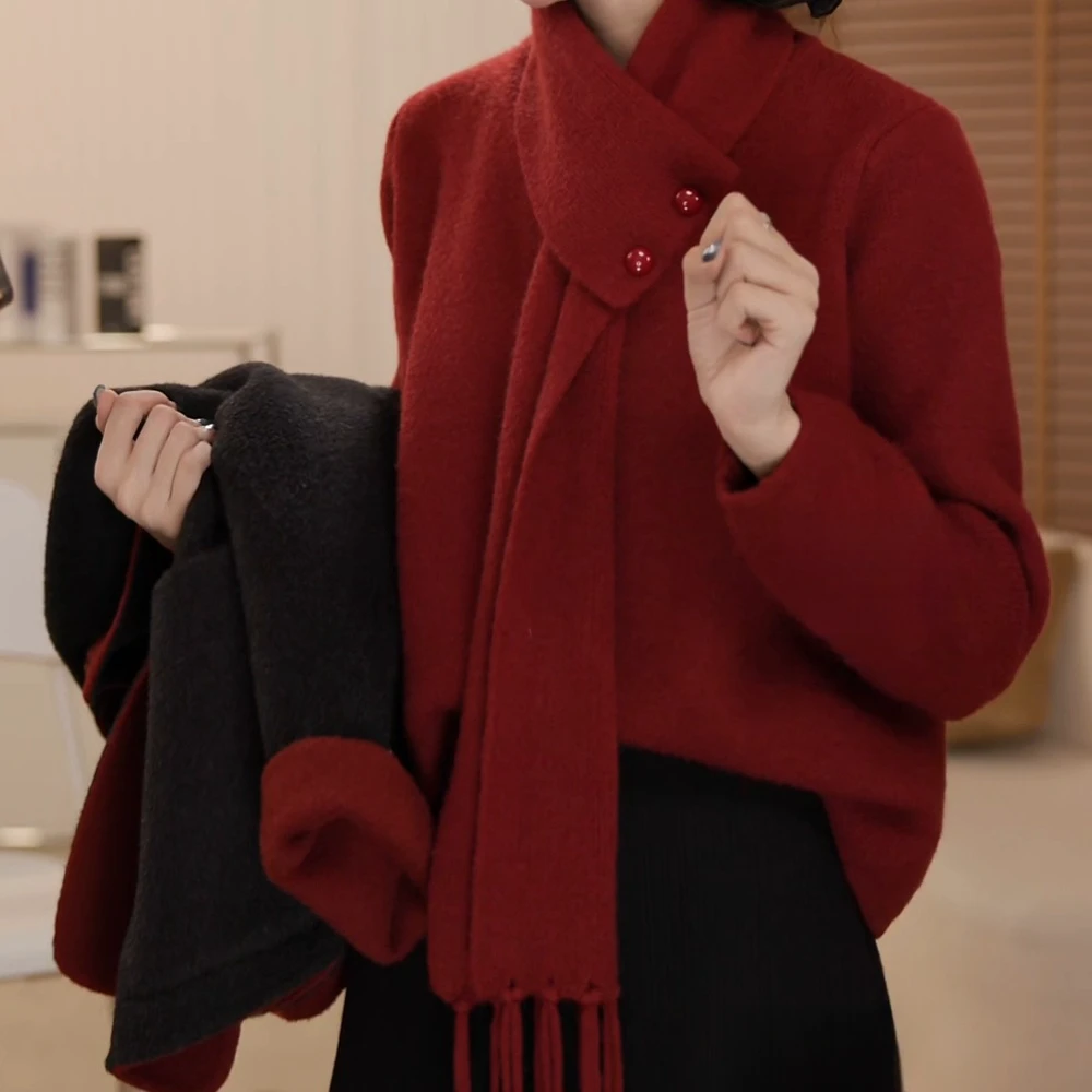 【Jason colors】Z圣诞新年红色毛衣冬季可拆卸围巾软糯针织衫上衣