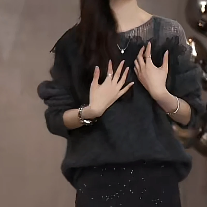 D秋冬新款黑色设计感爆款洋气打底百搭装饰纯欲针织上衣针织衫