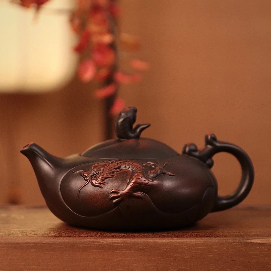 紫陶鱼化龙凤鸣壶大容量中式纯手工茶壶家用复古陶瓷紫砂壶S