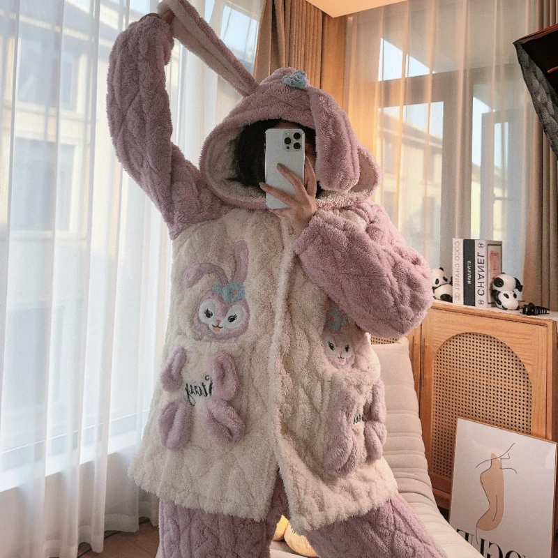 可爱卡通夹棉睡衣女冬季三层加厚睡袍家居服连帽抗寒可外穿套装