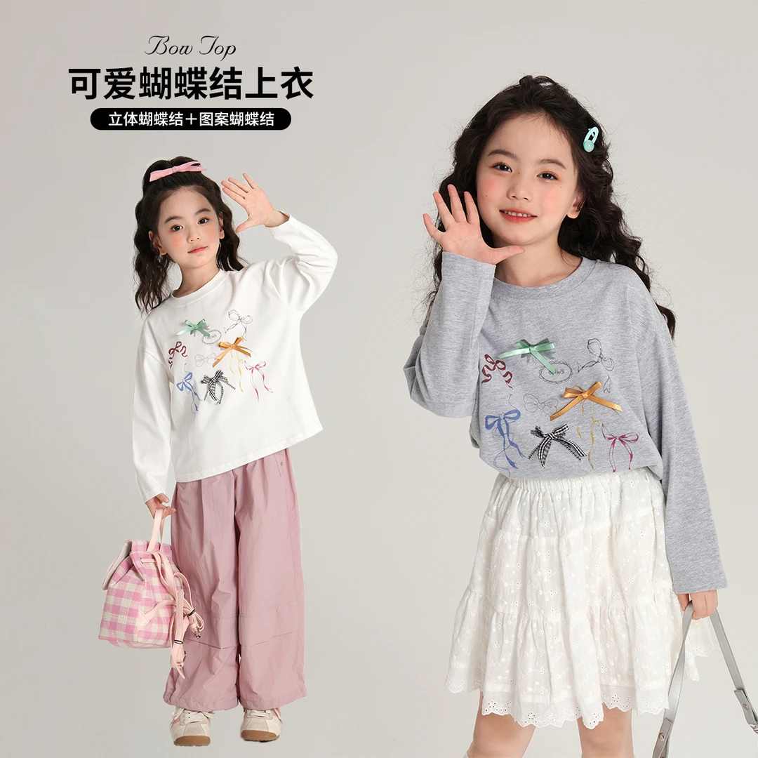 布丁哈鲁【立体蝴蝶结】2024秋款女童休闲百搭蝴蝶结T恤G43TM677