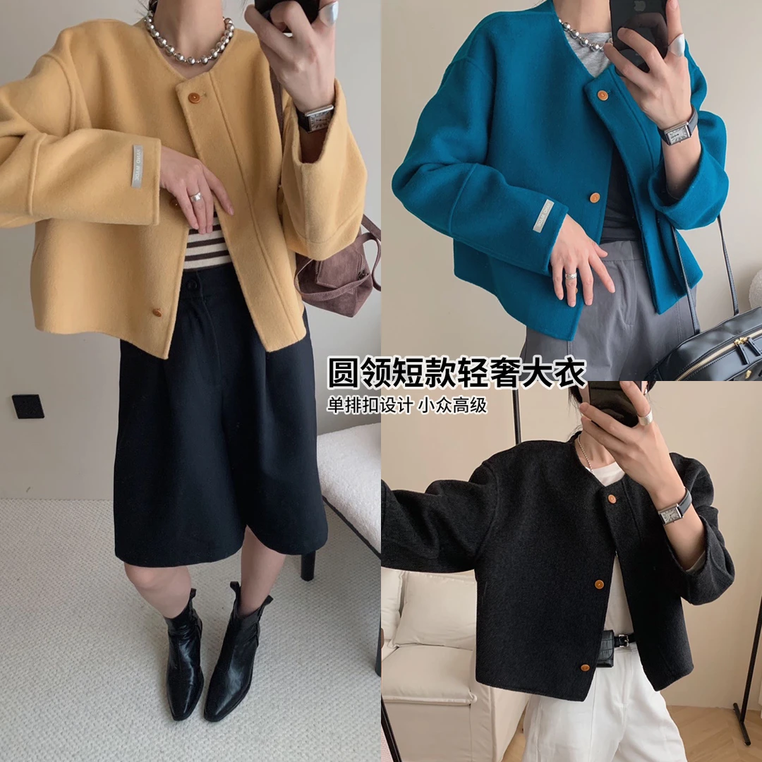 布丁哈鲁100%纯绵羊毛24冬款女装短款时尚毛呢大衣外套M44CB704