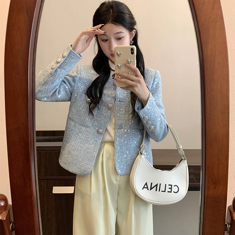 【安妮老板】美舒尚衣秋季气质蓝色亮片短款小香风外套女装60012