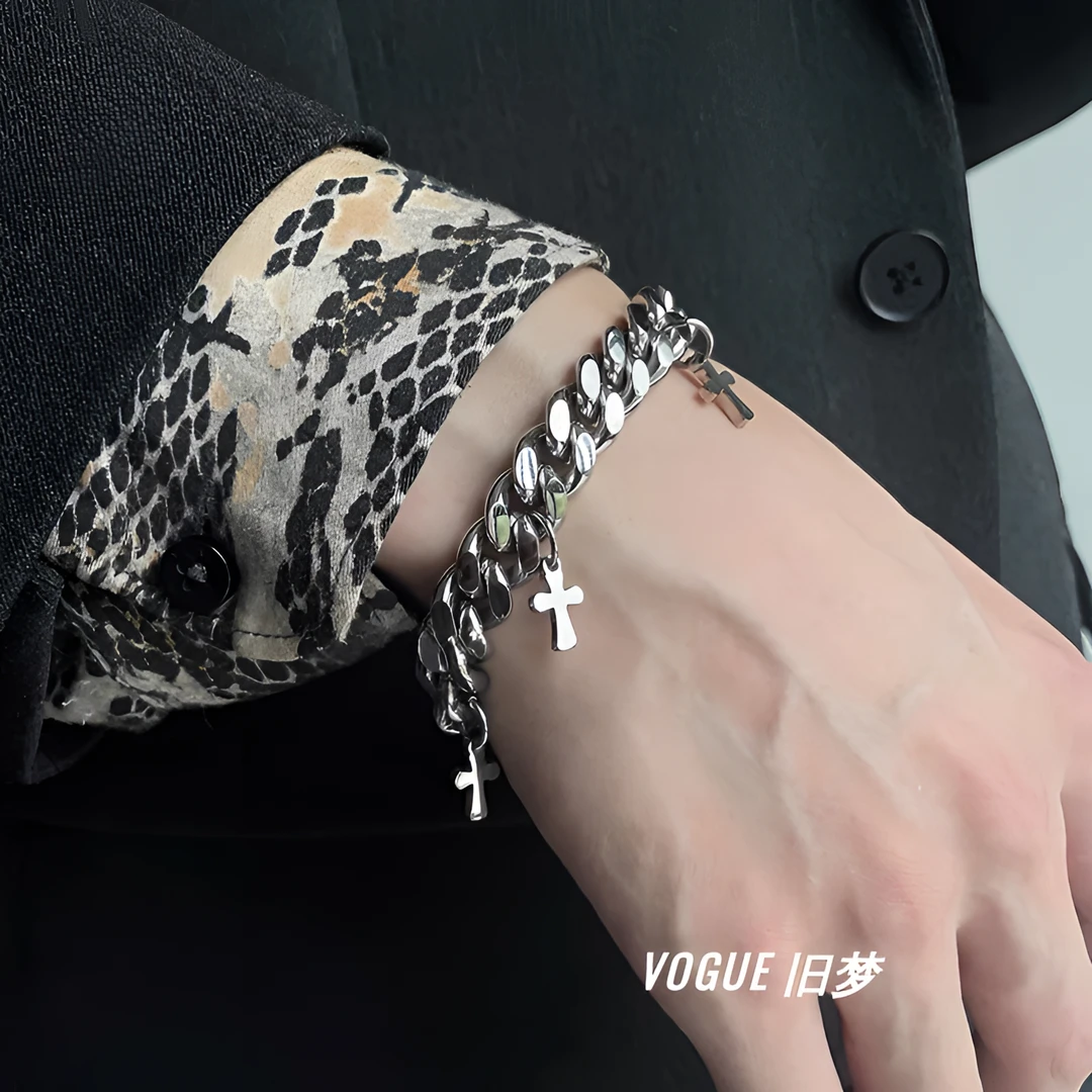 钛钢手链 十字架古巴手链ins男女潮牌可调节钛钢嘻哈情侣520礼物