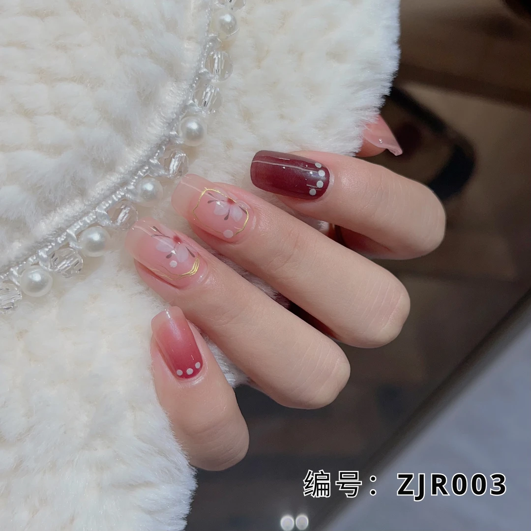 [照灯变硬]山茶花之恋003半固化凝胶指甲贴美甲防水不掉20个甲片