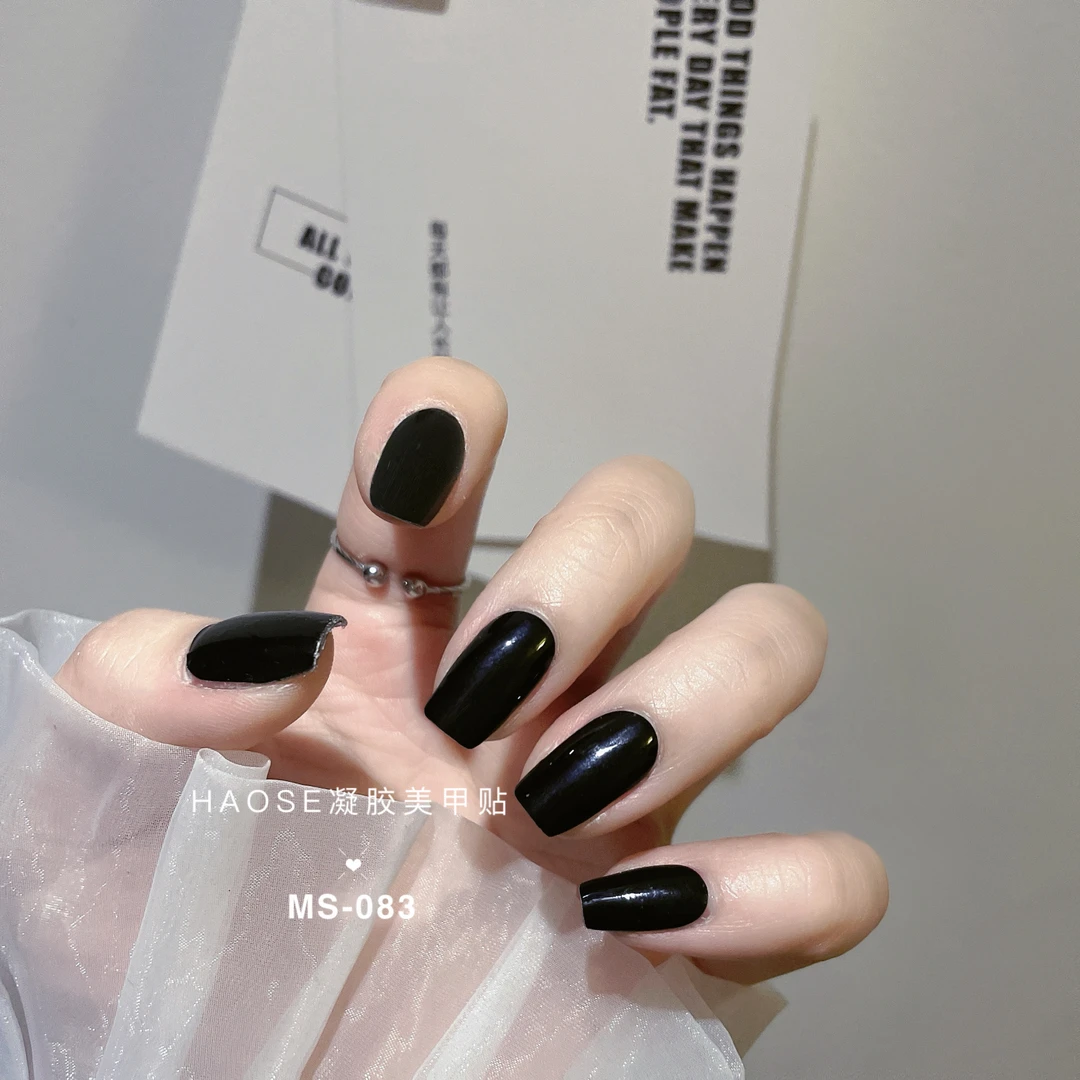 [免照灯]星耀黑凝胶22指纯黑色显手白简约气质美甲贴