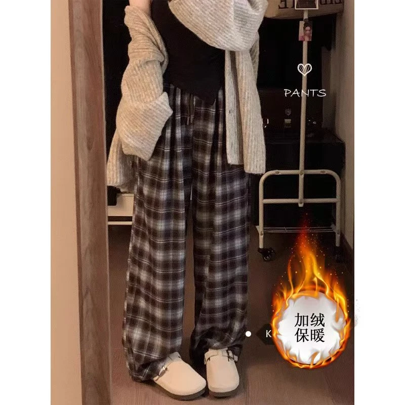 慵懒风复古格子休闲裤秋冬加绒加厚松紧腰阔腿裤宽松拖地裤子001