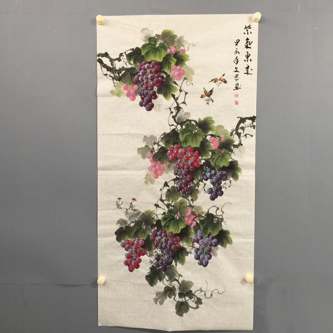 张文忠手绘国画葡萄紫气东来四尺竖版客厅走廊中堂玄关中式装饰画