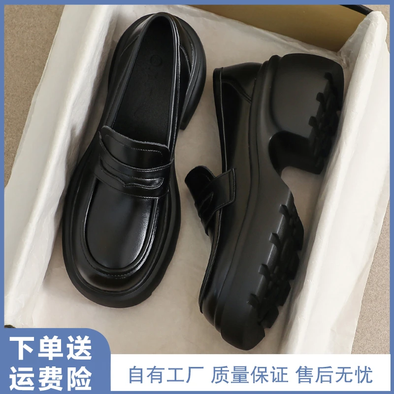 真皮小皮鞋女厚底2025新款春秋英伦风豆豆黑色工作高跟34码乐福鞋