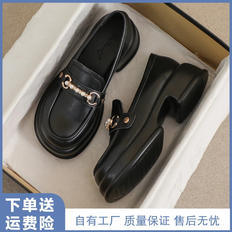 真皮小皮鞋女高跟2025新款春秋英伦风黑色夏季工作34码厚底乐福鞋