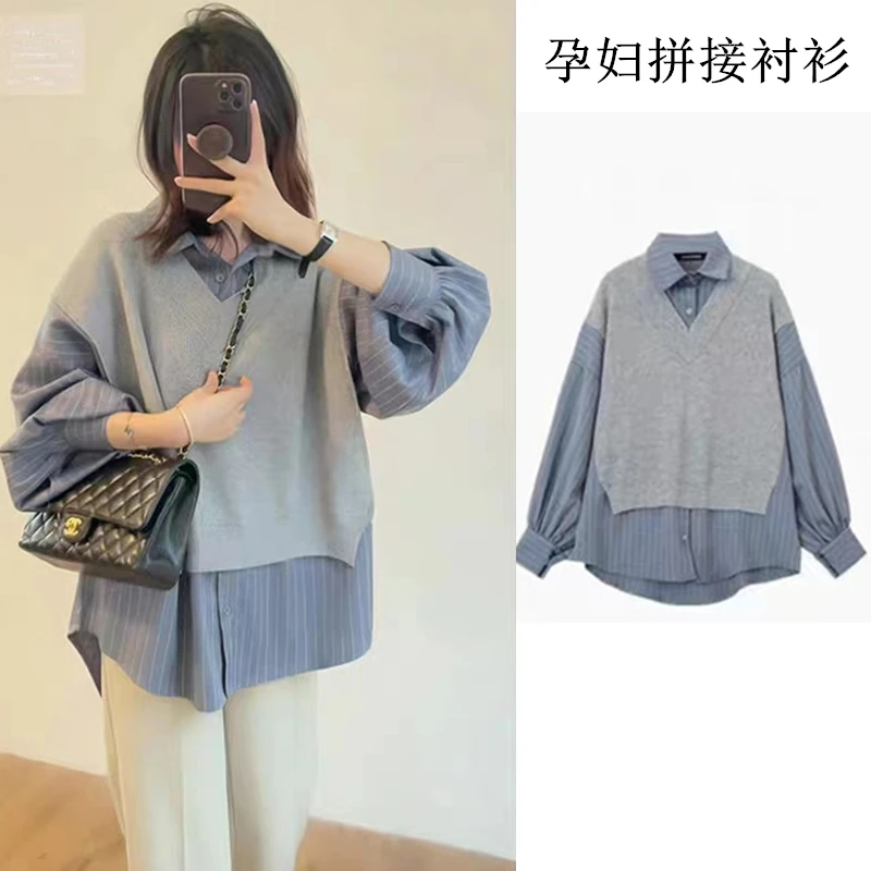 孕妇上衣春秋季时尚新款小香风拼接假两件POLO领宽松长袖孕妇衬衫