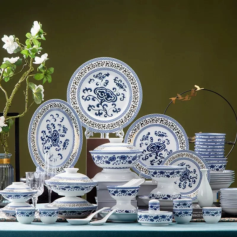 红叶瓷器66头金如意碗碟套装家用中式白瓷餐具景德镇