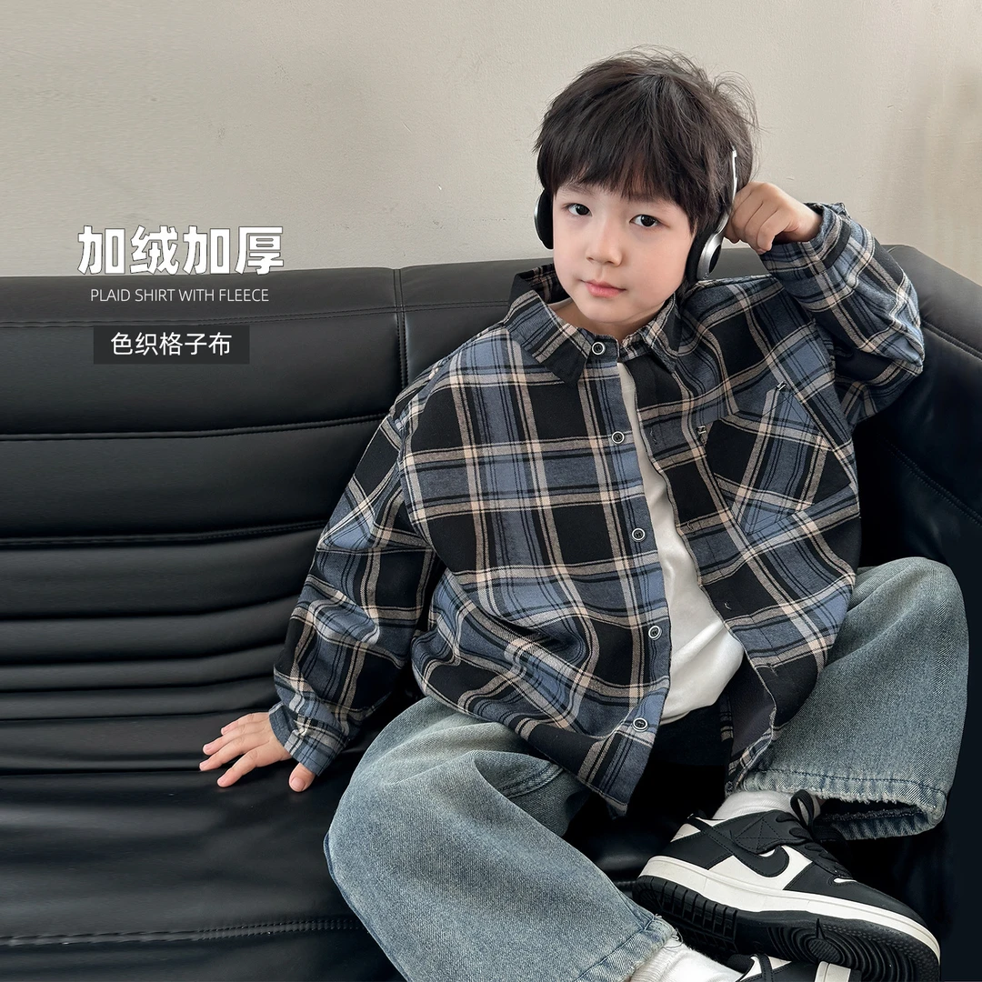 【Q】棉小班童装儿童格子加绒衬衫秋冬复古一体绒休闲外套AD4036