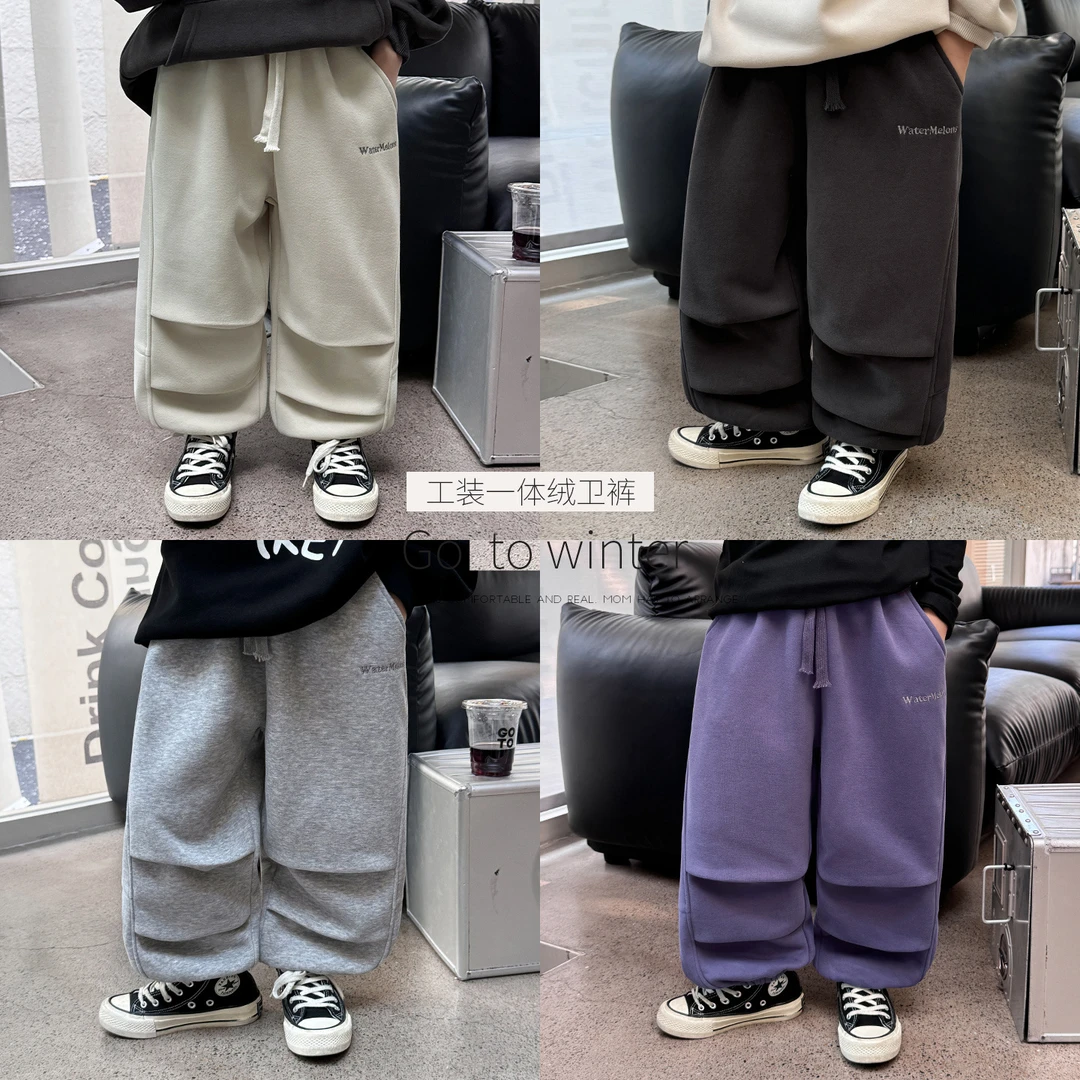 【Q】棉小班儿童休闲工装印花加厚卫裤冬季中大童一体绒长裤AD4050