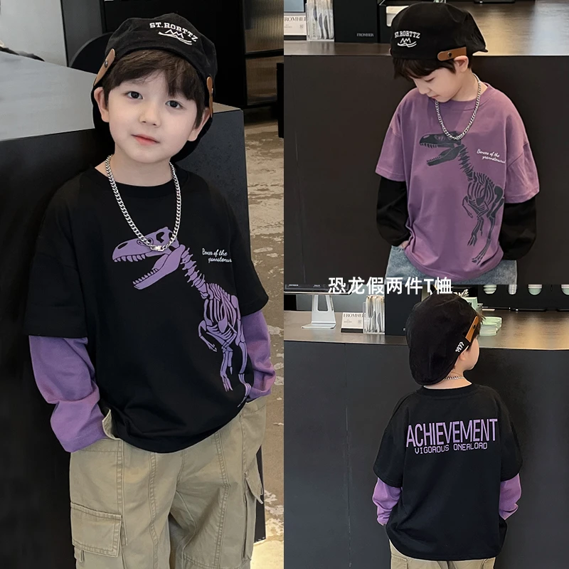 棉小班儿童恐龙长袖打底衫男童春季假两件圆领T恤洋气童装DAC4004