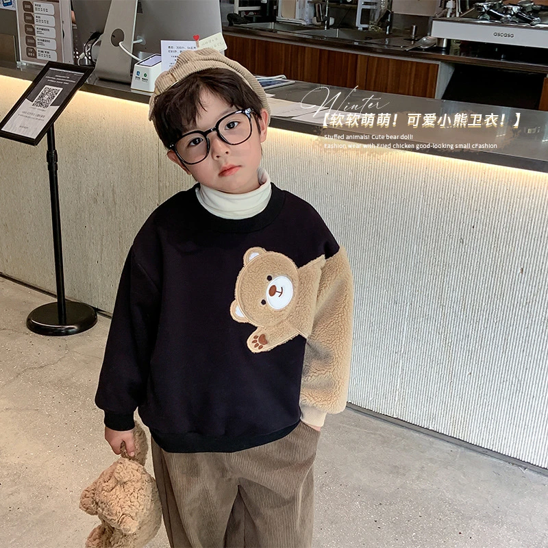 【清】AD2019棉小班童装冬季儿童可爱小熊套头卫衣男童宽松加绒上衣
