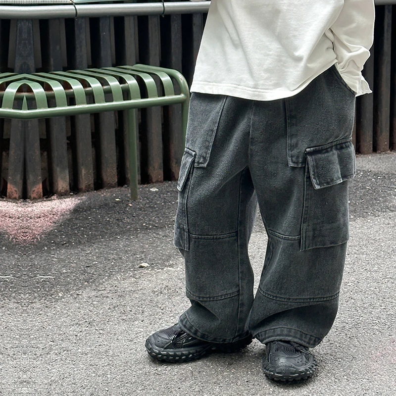 WQ4023棉小班中小大童帅气口袋工装裤儿童直筒水洗牛仔个性长裤