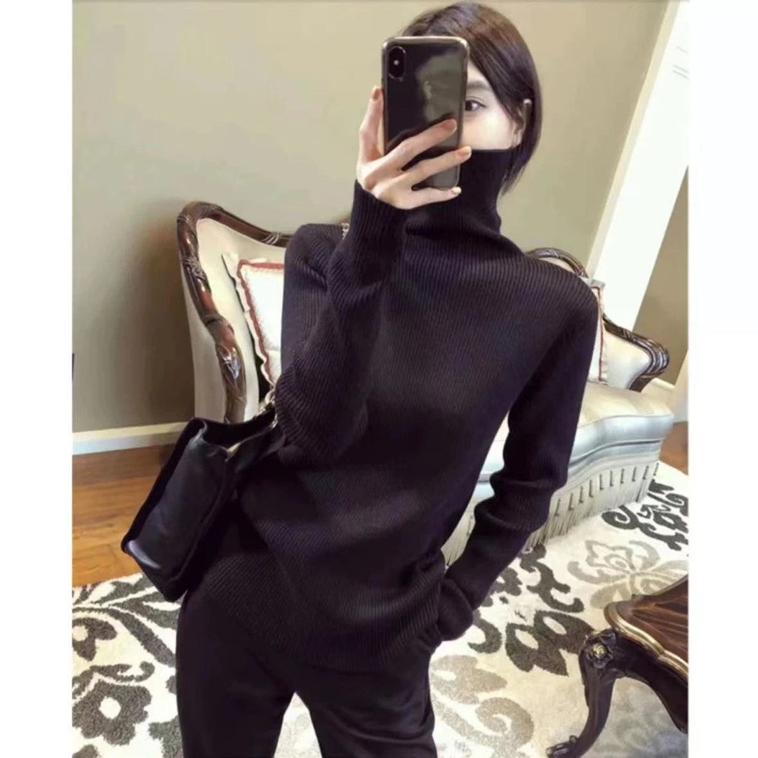 2023秋冬针织打底衫女半高领修身堆堆领毛衣