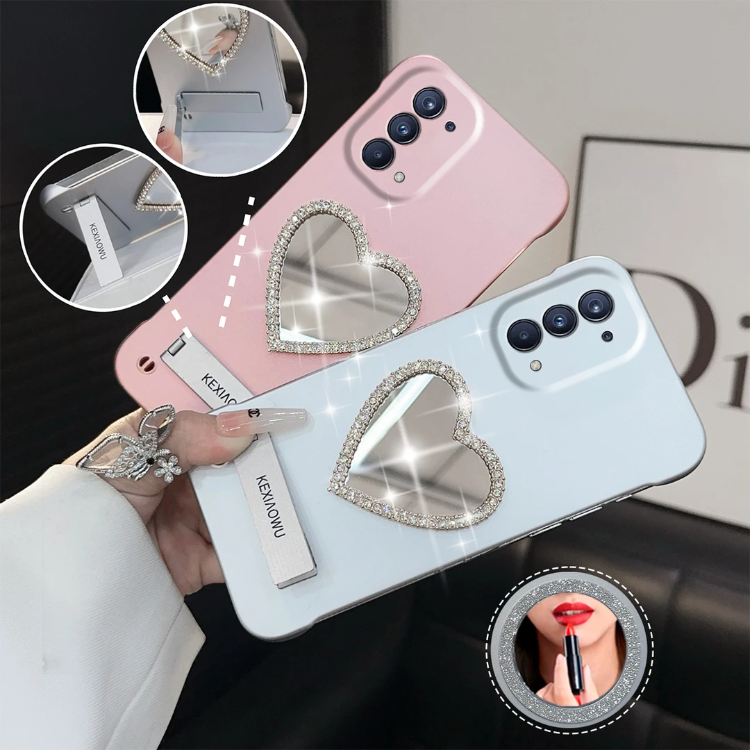 适用【OPPORENO5PRO】女款闪钻爱心补妆镜超薄无边框ins支架壳