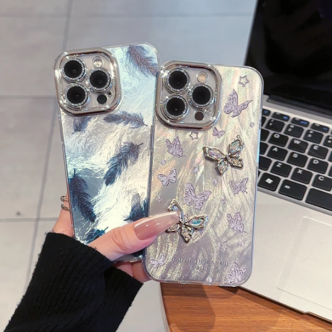 蝴蝶羽毛支架保护壳适用苹果vivo华为oppo全包羽纱防摔手机壳女款