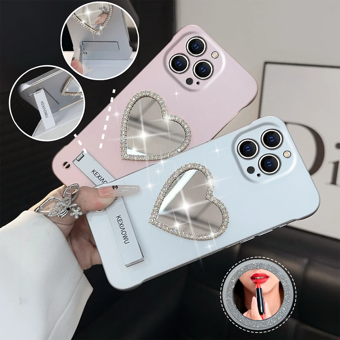 适用【苹果13PROMAX】女款闪钻爱心补妆镜超薄无边框ins支架壳